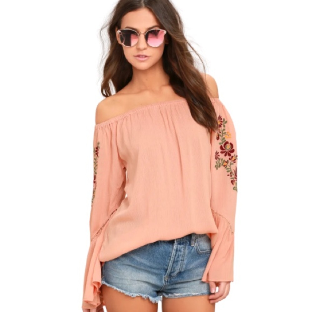 Lulu’s Piece of Me Pink Embroidered Off-the- Shoulder Top- Size Medium